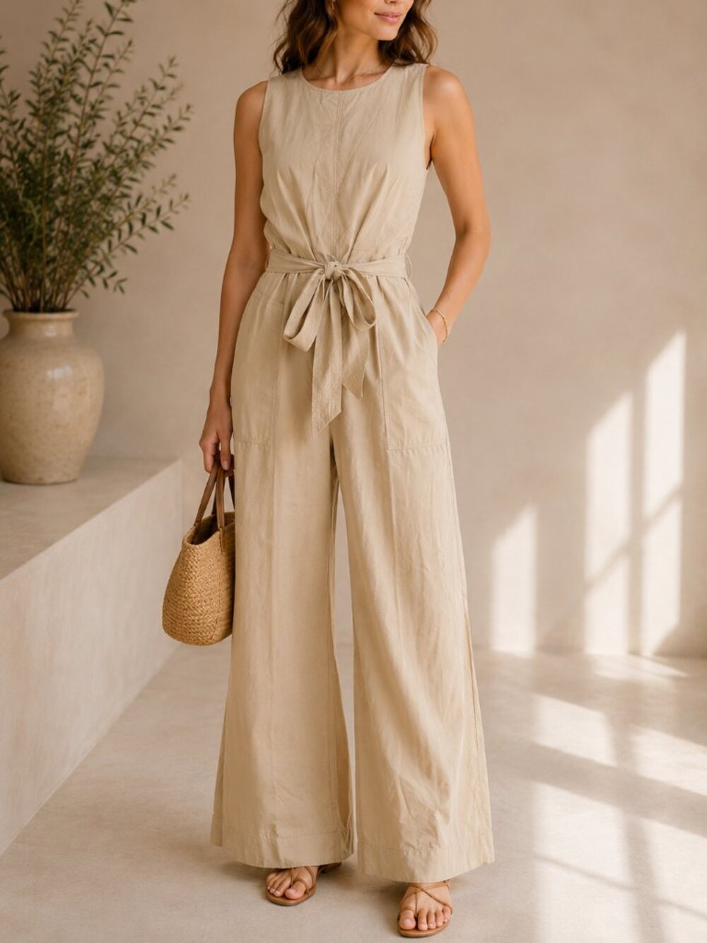 Banana Republic Beige Sleeveless Belted Wide Leg Utility Jumpsuit Size 10